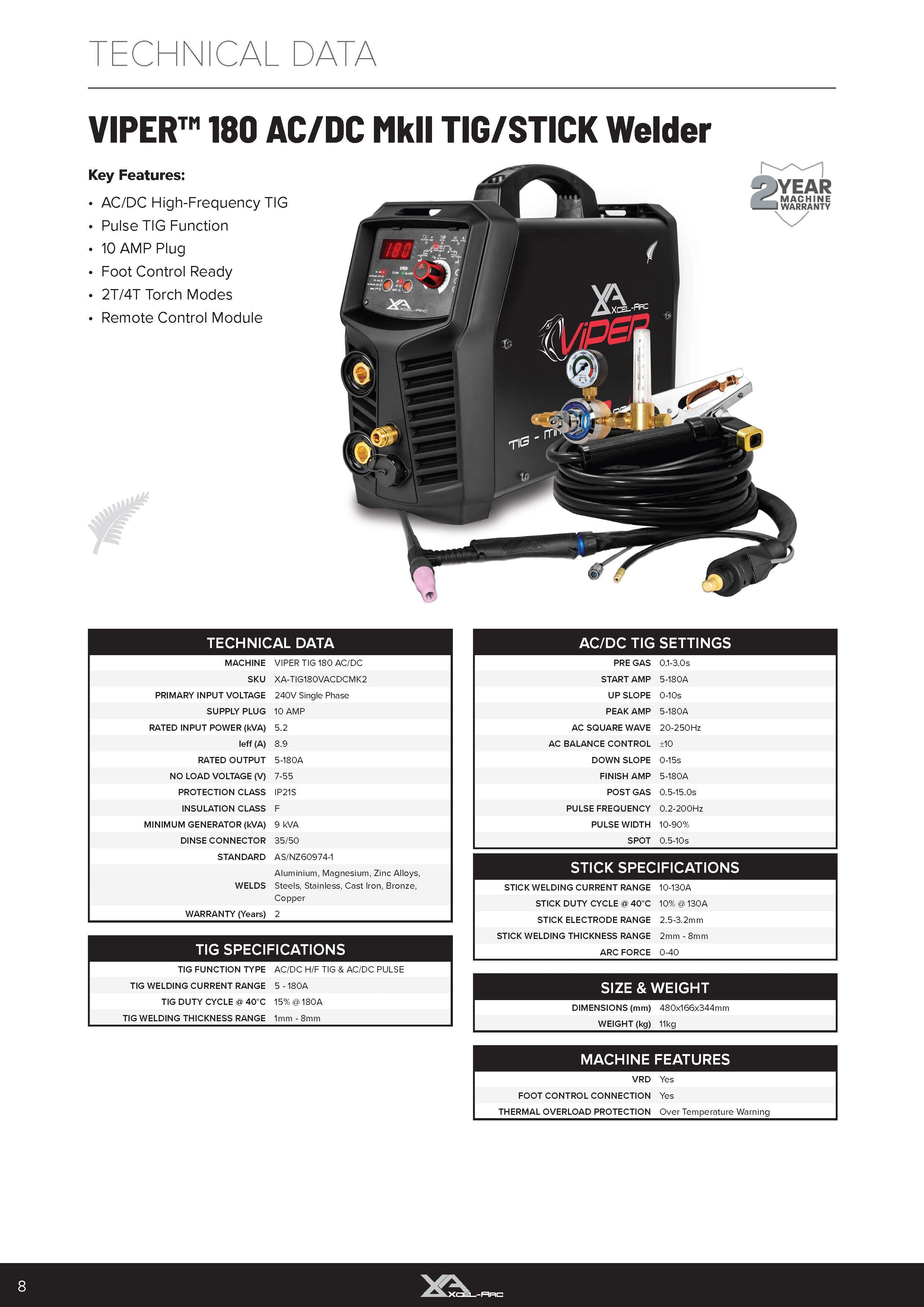 VIPER TIG180 AC/DC MKII TIG Welder T2 PACKAGE