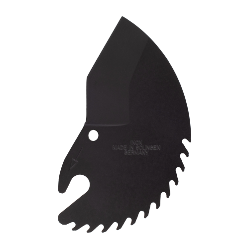 A single replacement blade for a pipe cutter, with serrated edge and pointed tip, primarily black in color.