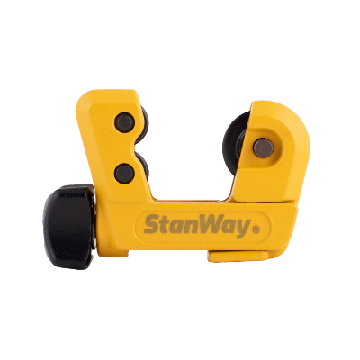 A yellow and black STANWAY pipe cutter with a steel blade and ergonomic handle.