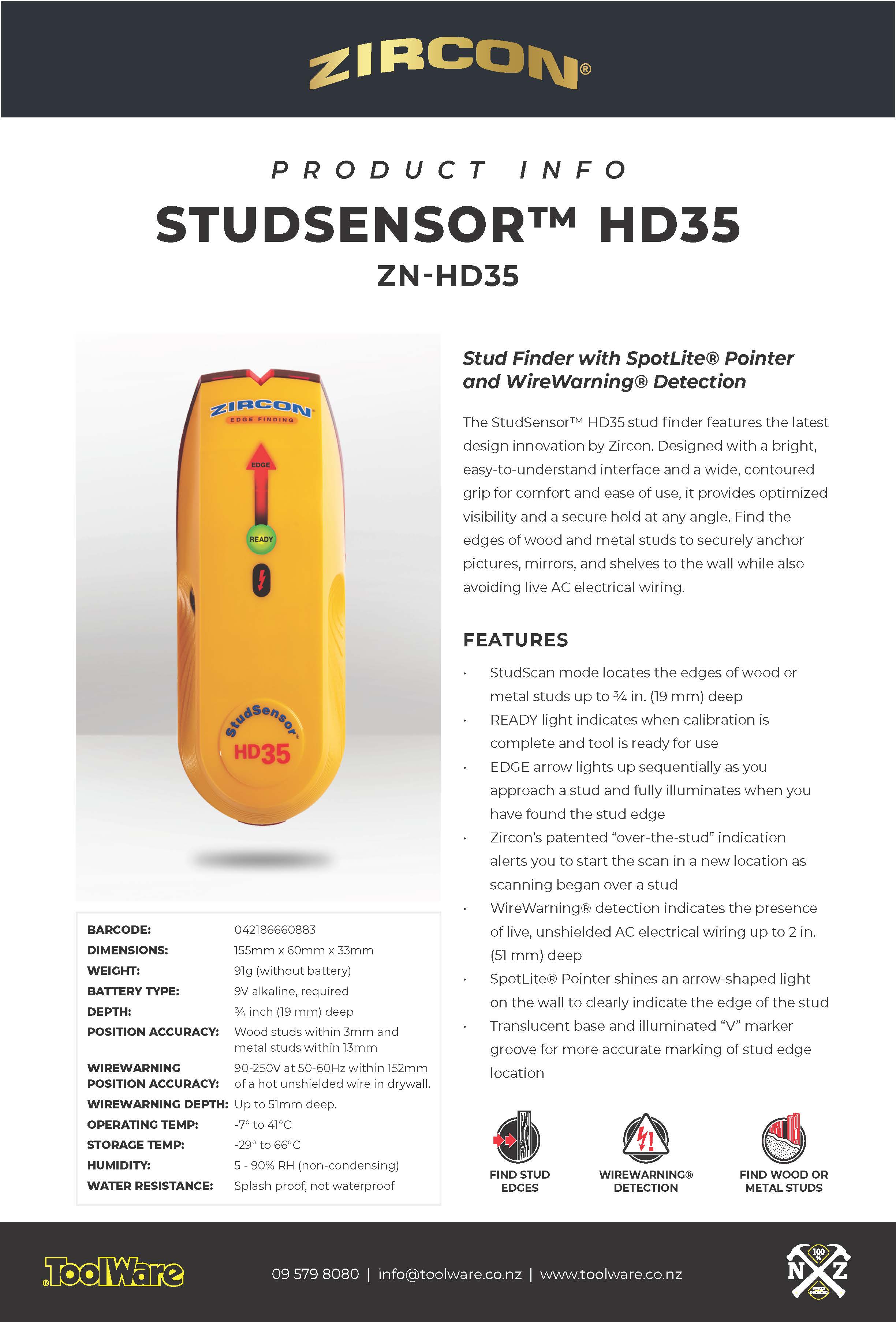 Zircon #HD-35 STUD SENSOR/ EDGE FINDER