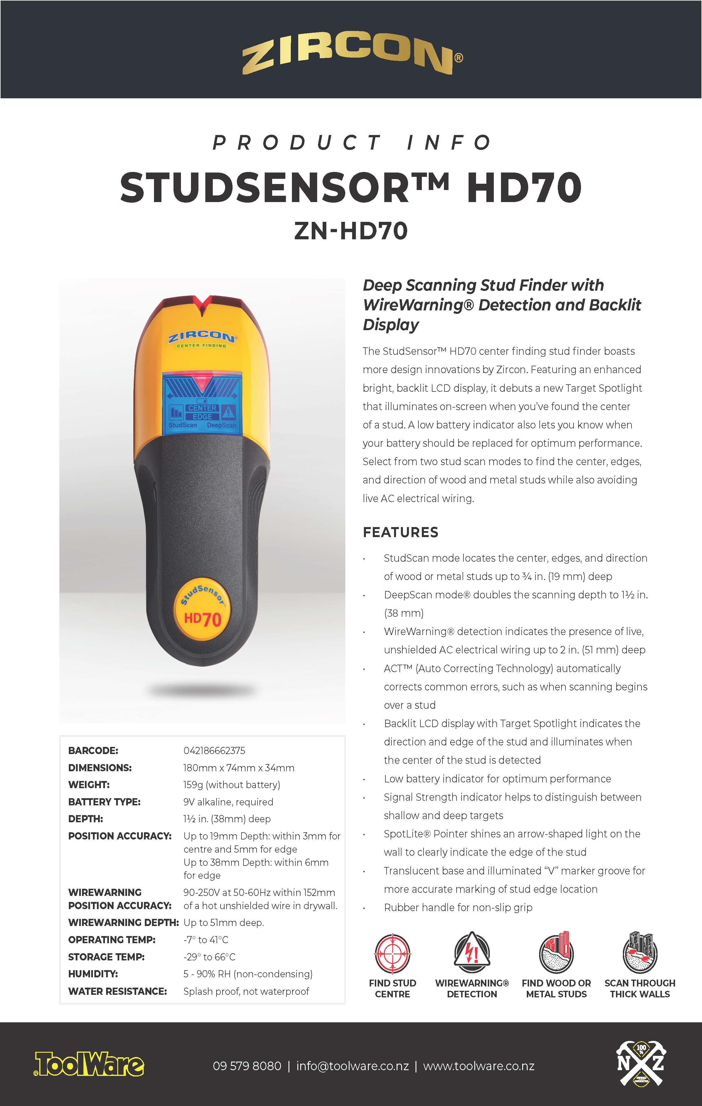Zircon #HD-70 STUD SENSOR/ EDGE FINDER