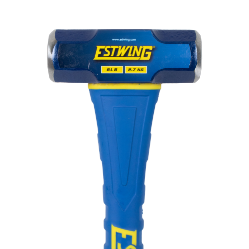 Estwing Blue sledgehammer with yellow text on a white background