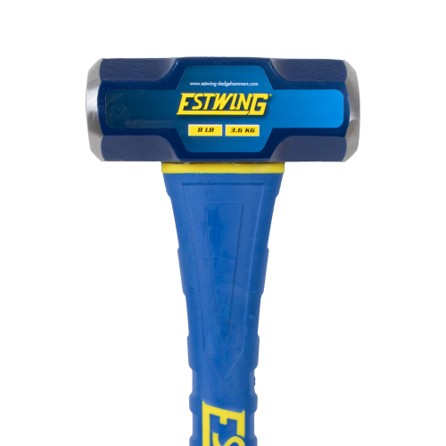 Blue Estwing sledgehammer with yellow text on a white background