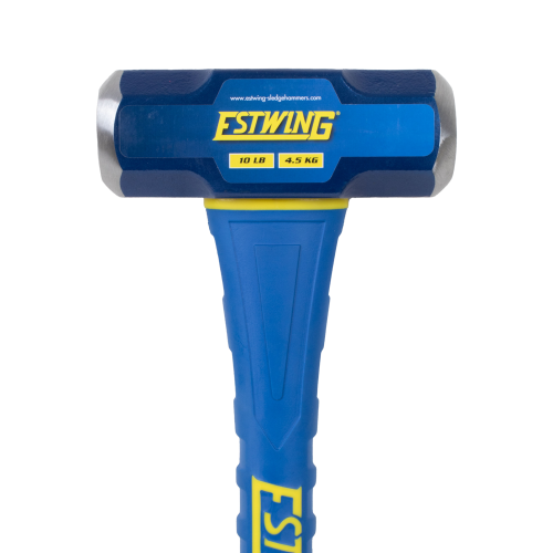Blue Estwing sledgehammer with yellow text on a white background