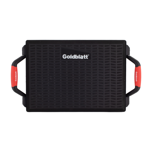 Black kneeling mat with red handles and 'Goldblatt' branding on a white background