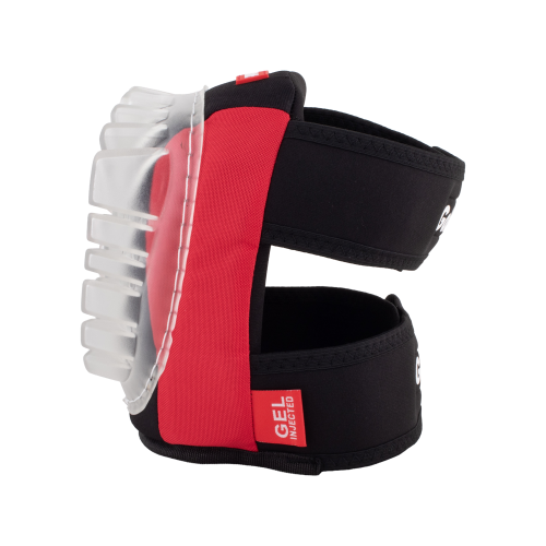 Knee pad with red and black design on a white background