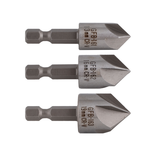 Three metal drill bits with visible branding on a white background
