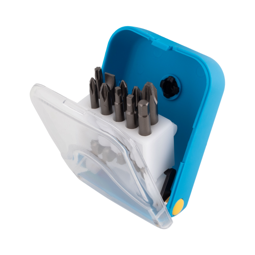 GFB Blue and clear plastic case with screwdriver bits on a white background