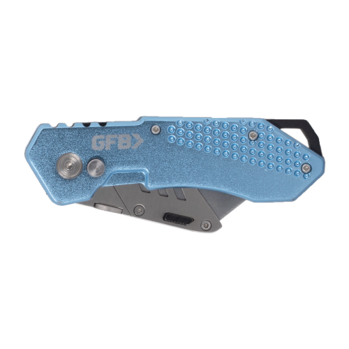 Blue folding knife with textured handle on a white background