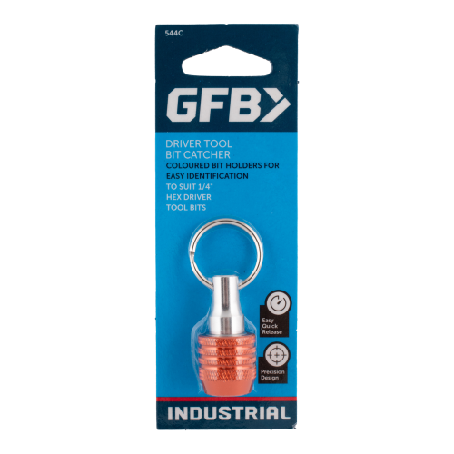 GFBY driver tool bit catcher keychain on a blue packaging background