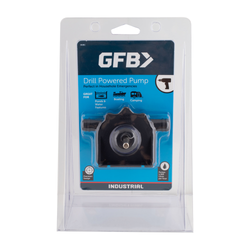 GFB drill powered pump in packaging on a white background