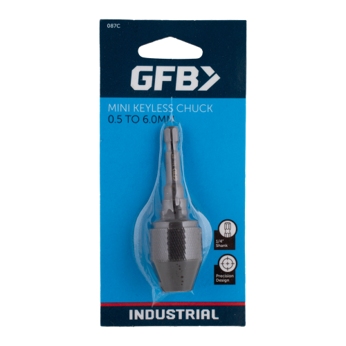 GFB mini keyless chuck packaging with blue background and product visibility
