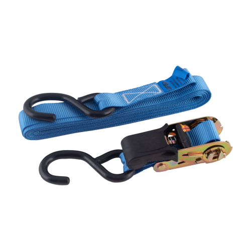 Blue ratchet strap with a metal ratchet and plastic hook on a white background