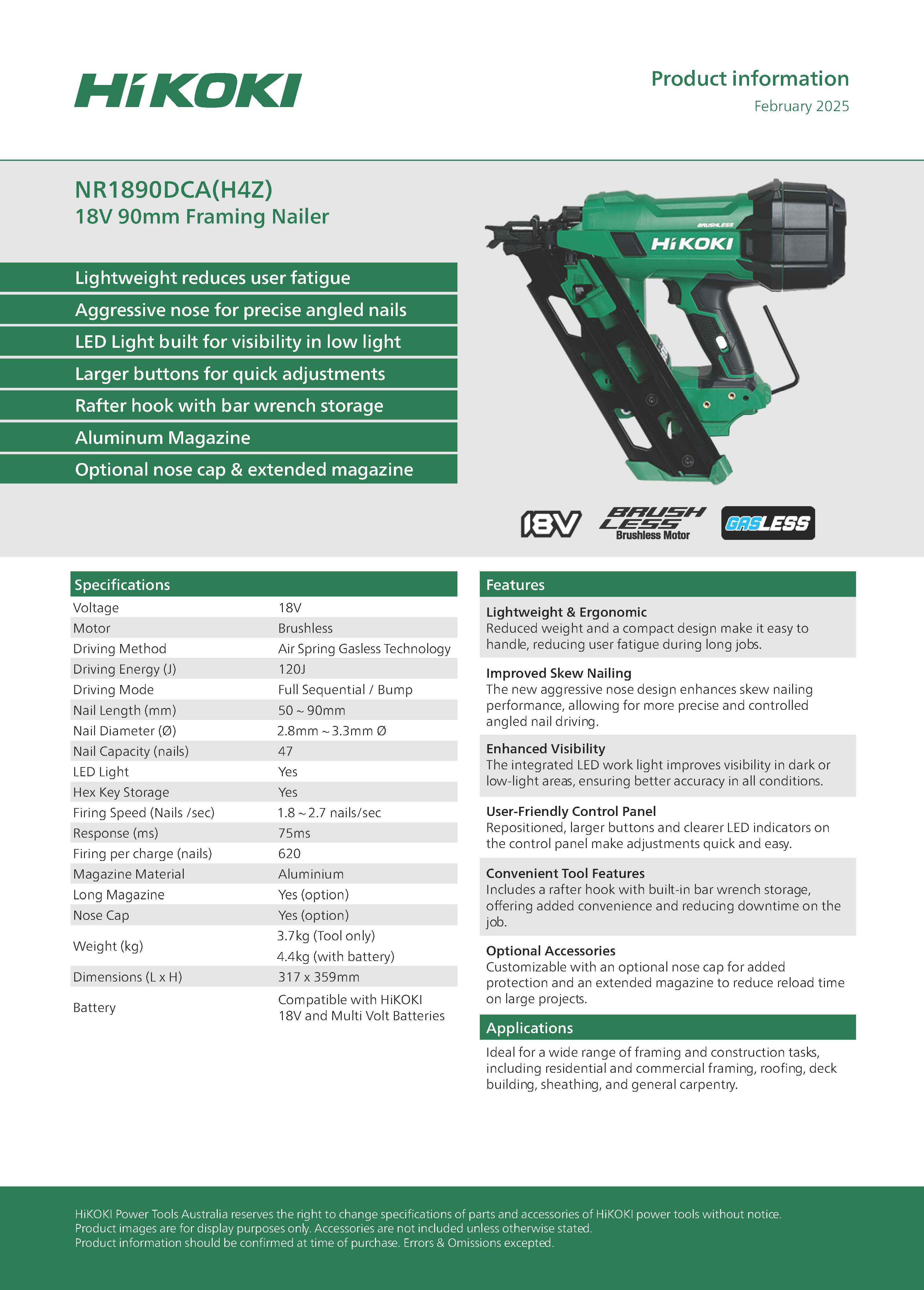 Hikoki 18V Gasless 90mm Framing Nailer Bare Tool