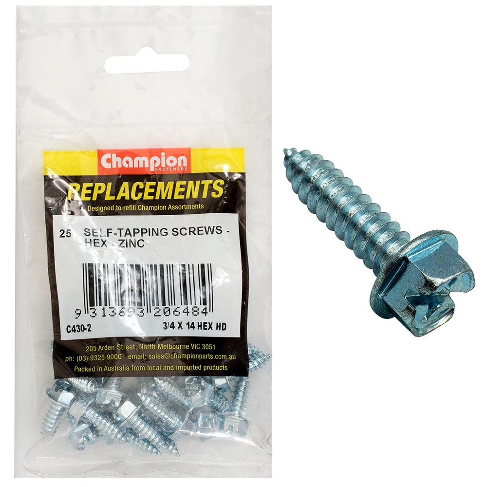 Champion 14G X 3/4In S/Tapping Screw Hex Head Phillips -25Pk