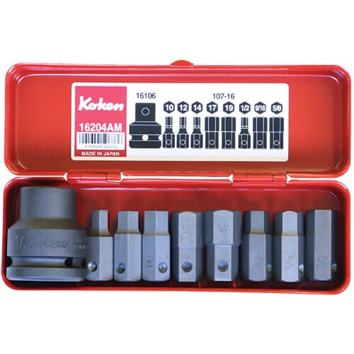 Koken 16204AM Impact Hex Bit Socket Set 9pc 3/4 in Dr Contains Bit Holder, 107-16 Hex Bits