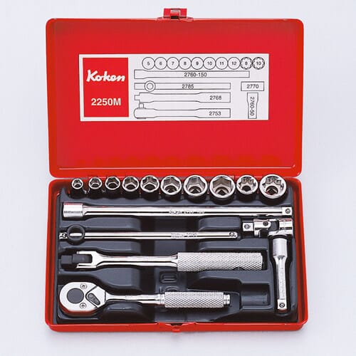 Koken 2250M Socket Set 16pc 1/4 in Dr 5-12mm 6pt and 8 & 10mm 8pt