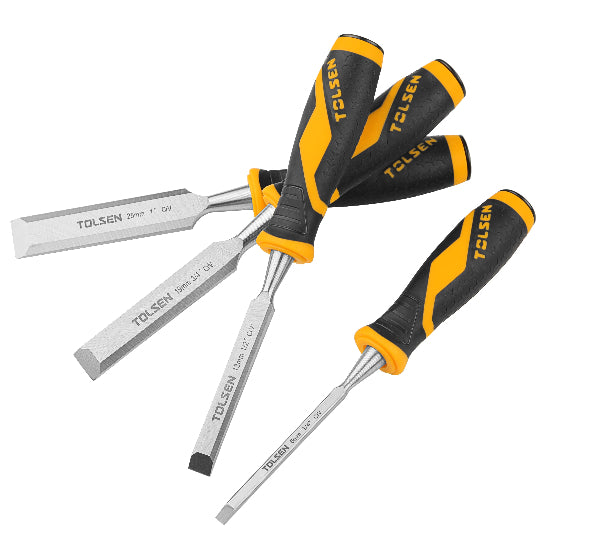 A set of Tolsen brand chisels with black and yellow two-component plastic handles and silver-colored metal parts.