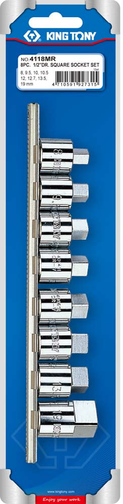 King Tony 8Pc 1/2 Dr Square Sockets On Rail