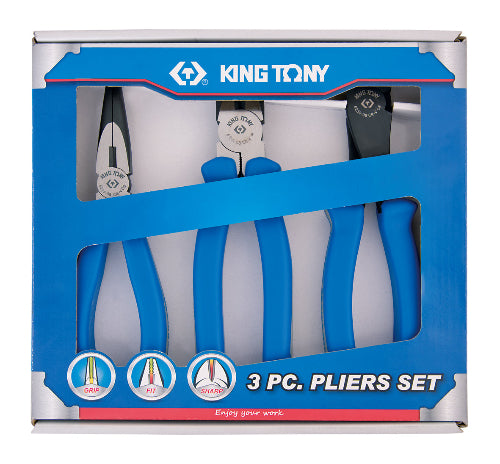 A packaged King Tony three piece plier set with blue and black grips, displayed on a box with the brand name and product information.