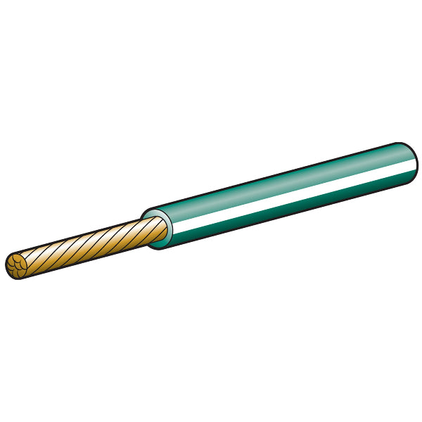 Illustration of a 3mm diameter green colored electrical cable with a white tracer.