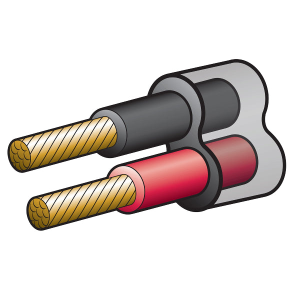 A double insulated figure 8 cable with red and black connectors on a white background, indicating 120A and 50M specifications.