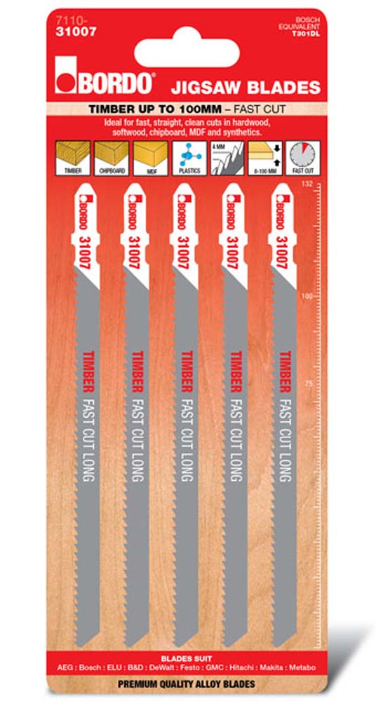 Bordo Jig Saw T-Shk Hcs Timber Up To 100mm Fast Cut Long Strt Cut 5Pk