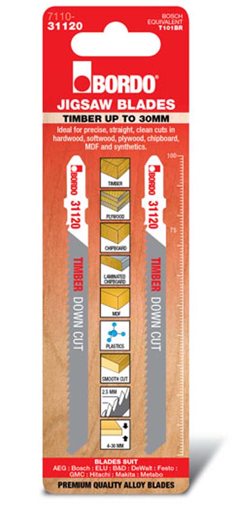 Bordo Jig Saw T-Shk Hcs Timber Up To 30mm Down Cut Precise Strt Cut 2Pk