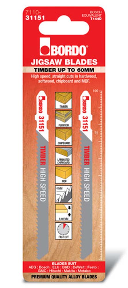 Bordo Jig Saw T-Shk Hcs Timber Up To 60mm High Speed Strt Cut 2Pk