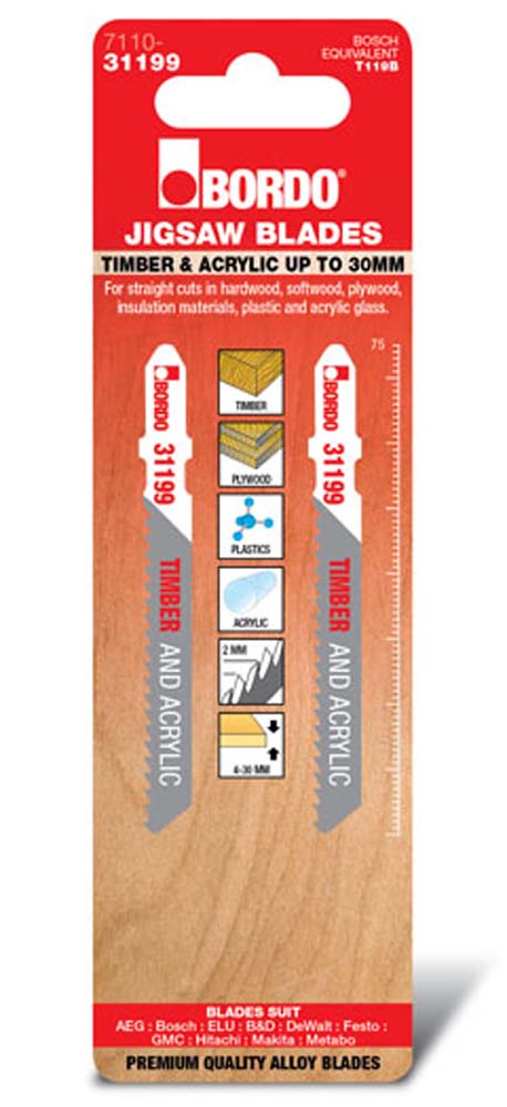 Bordo Jig Saw T-Shk Hcs Timber & Acrylic Up To 30mm Strt Cut 2Pk