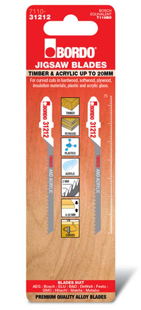 Bordo Jig Saw T-Shk Hcs Timber & Acrylic Up To 20mm Curved Cut 2Pk