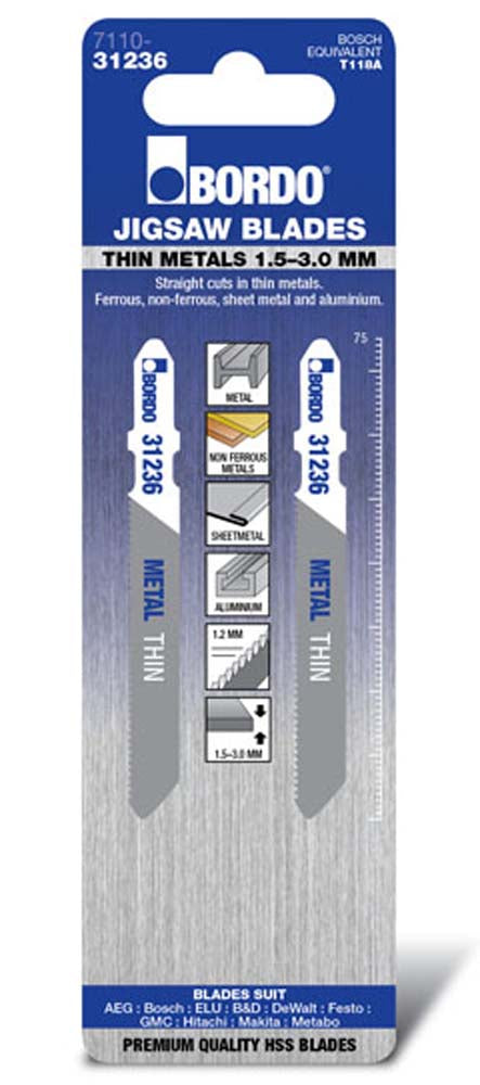 Bordo Jig Saw T-Shk Hss 1.5-3.0mm Thin Metals Strt Cut 2Pk
