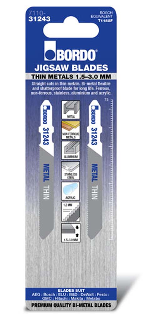 Bordo Jig Saw T-Shk Bim 1.5-3.0mm Thin Metals Strt Cut Flex & Sh/Proof 2Pk