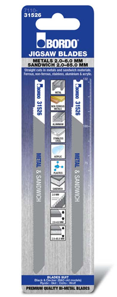 Bordo Jig Saw Univ.Shk Bim 2.0-6.0mm Metals 2.0-85mm Sandwich Strt Cut Flex & Sh/Proof 2Pk
