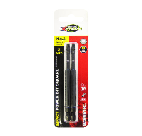 Packaging of Blu-Mol Xtreme Impact Bits, showing two black square-shaped bits, product details, and branding.