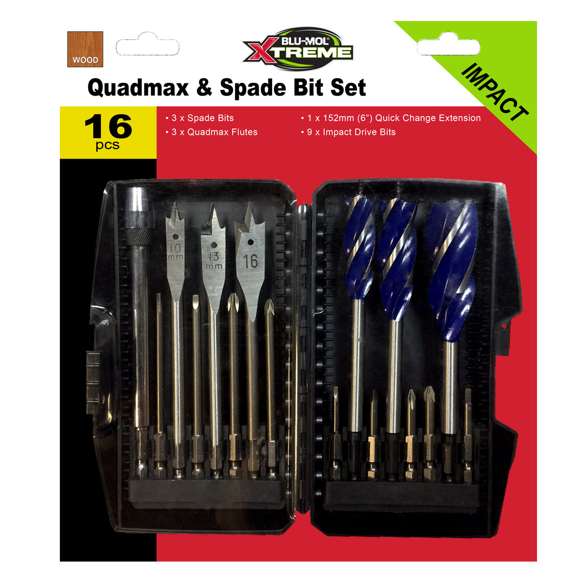 Blu-Mol Xtreme 16 Pce Spade Bit Quadmax And Screwdriver Bit Set