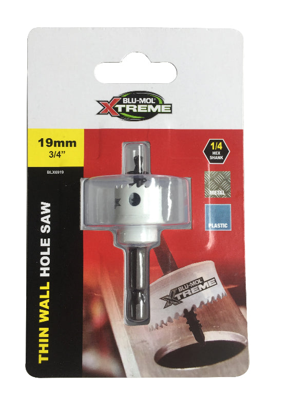 Packaging of Blumol Xtreme Thinwall Holesaw 19mm, showing the holesaw itself with a metallic finish, mounted on a card with product details.