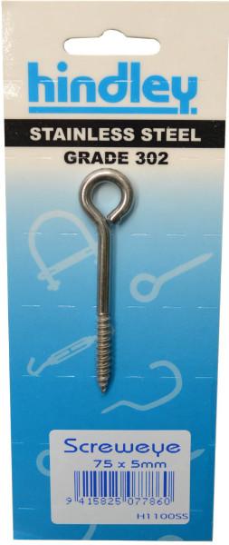 Hindley Screw Eye Stainless Steel 75mm x 5mm Carded