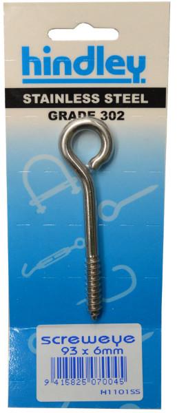 Hindley Screw Eye Stainless Steel 93mm x 6mm Carded