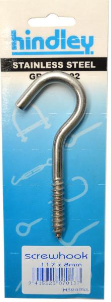 Hindley Screw Hook Stainless Steel 117mm x 8mm Carded