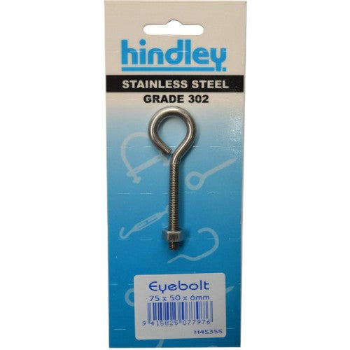 Hindley Eye Bolt Stainless Steel 6mm x 75mm Carded