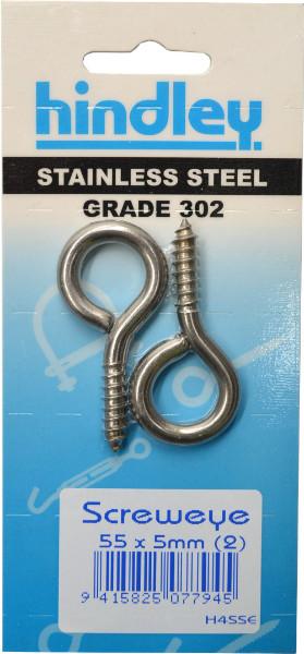 Hindley Screw Eye Stainless Steel 2-pce 55mm x 5mm Carded