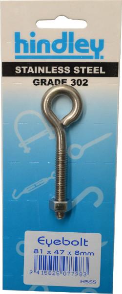 Hindley Eye Bolt Stainless Steel 8mm x 81mm Carded