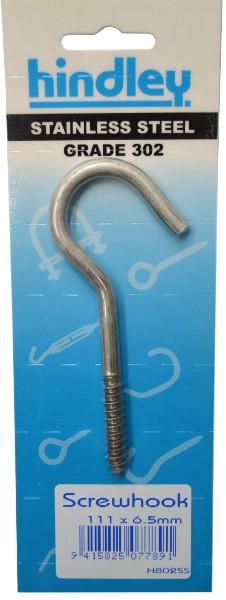 Hindley Screw Hook Stainless Steel 111mm x 6.5mm Carded