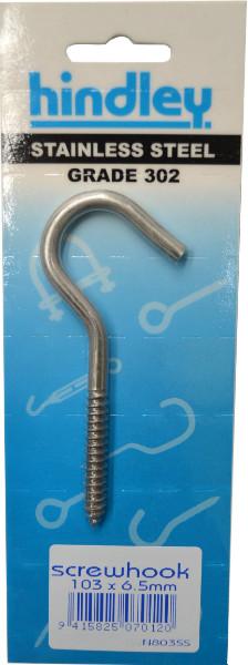 Hindley Screw Hook Stainless Steel 103mm x 6.5mm Carded