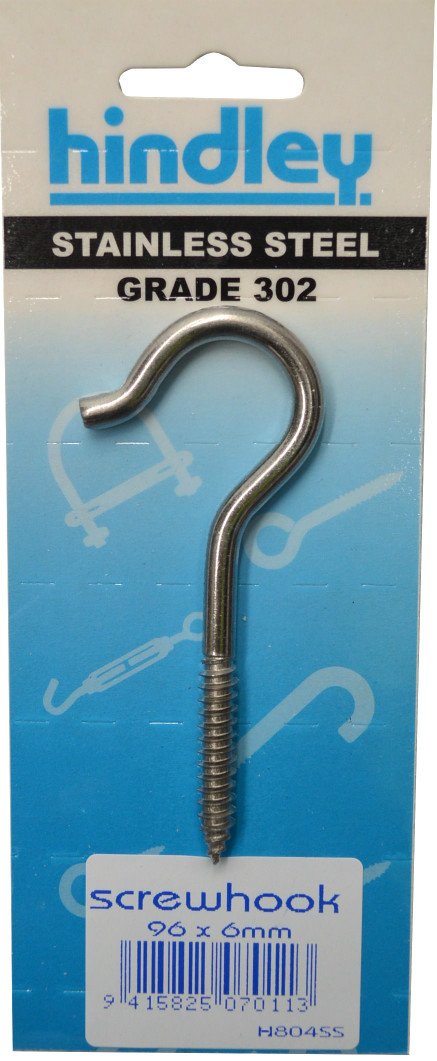 Hindley Screw Hook Stainless Steel 96mm x 6mm Carded