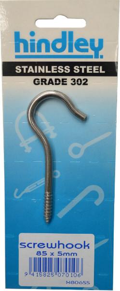 Hindley Screw Hook Stainless Steel 85mm x 5mm Carded