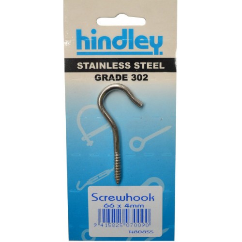 Hindley Screw Hook Stainless Steel 66mm x 5mm Carded