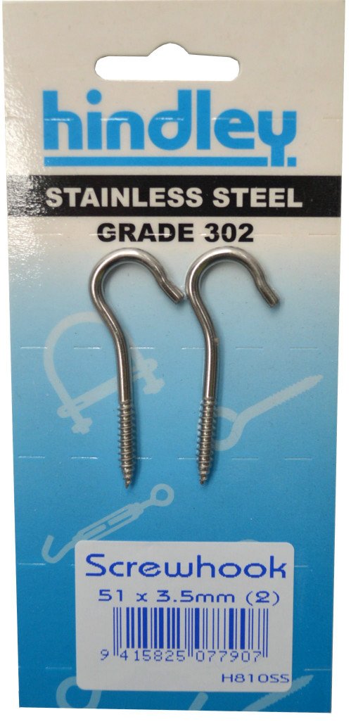 Hindley Screw Hook Stainless Steel 2-pce 51mm x 3.5mm Carded