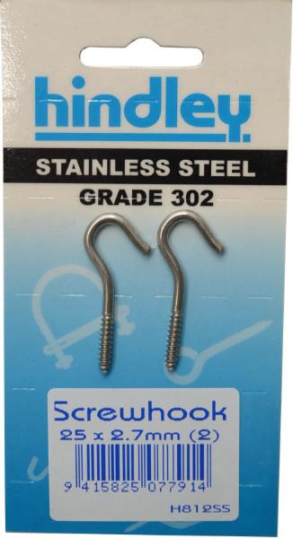 Hindley Screw Hook Stainless Steel 2-pce 25mm x 2.7mm Carded